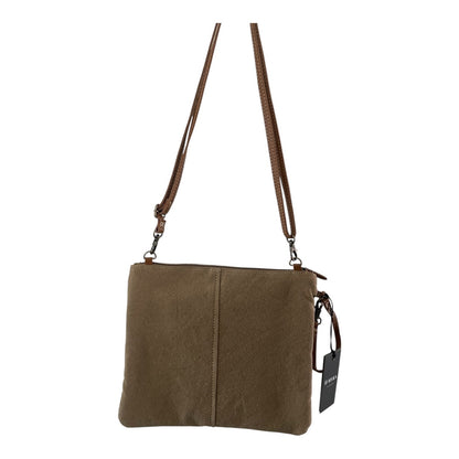 Brown leather crossbody bag with a strap on a white background