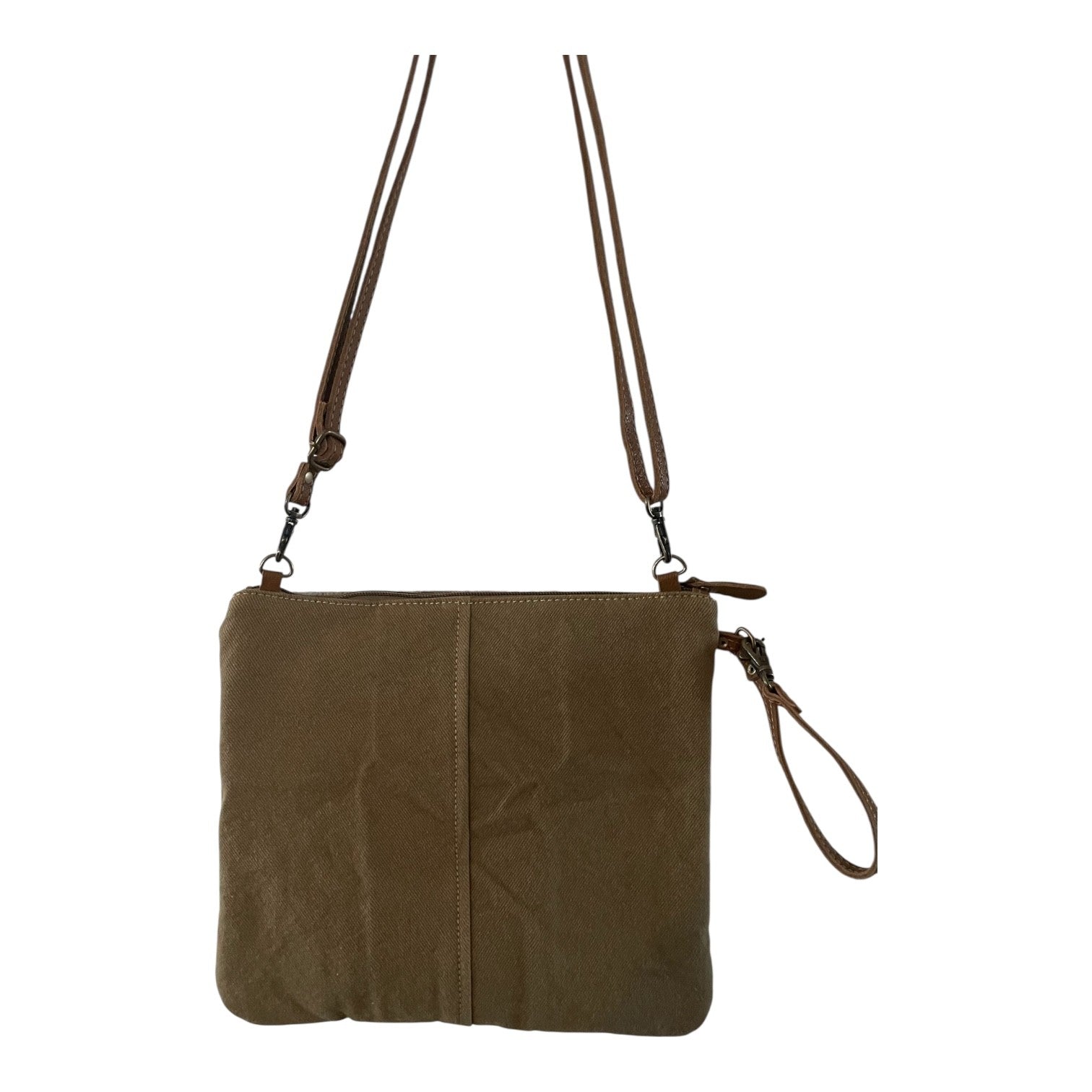 Brown leather crossbody bag with strap on a white background