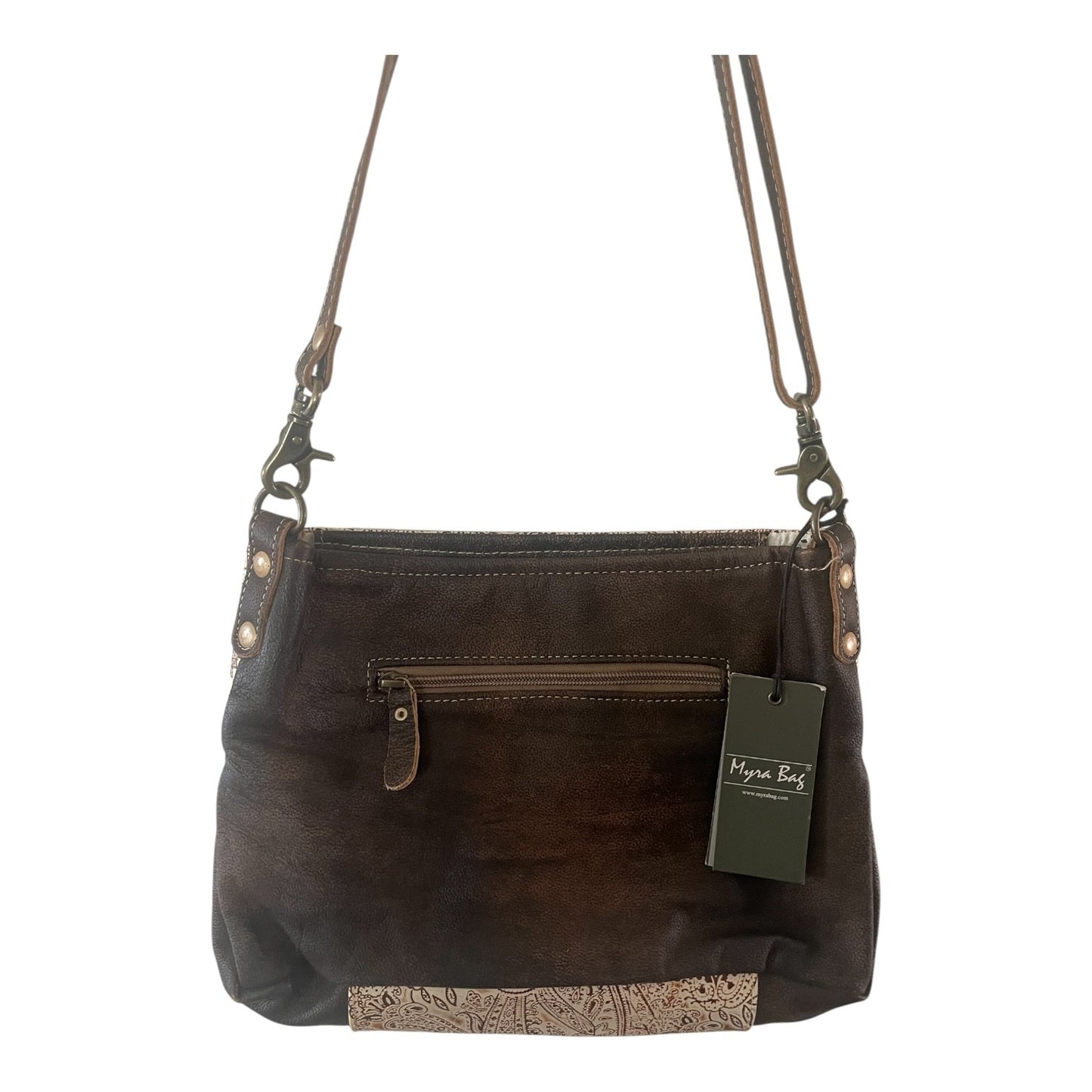 Brown leather handbag with a visible brand tag on a white background