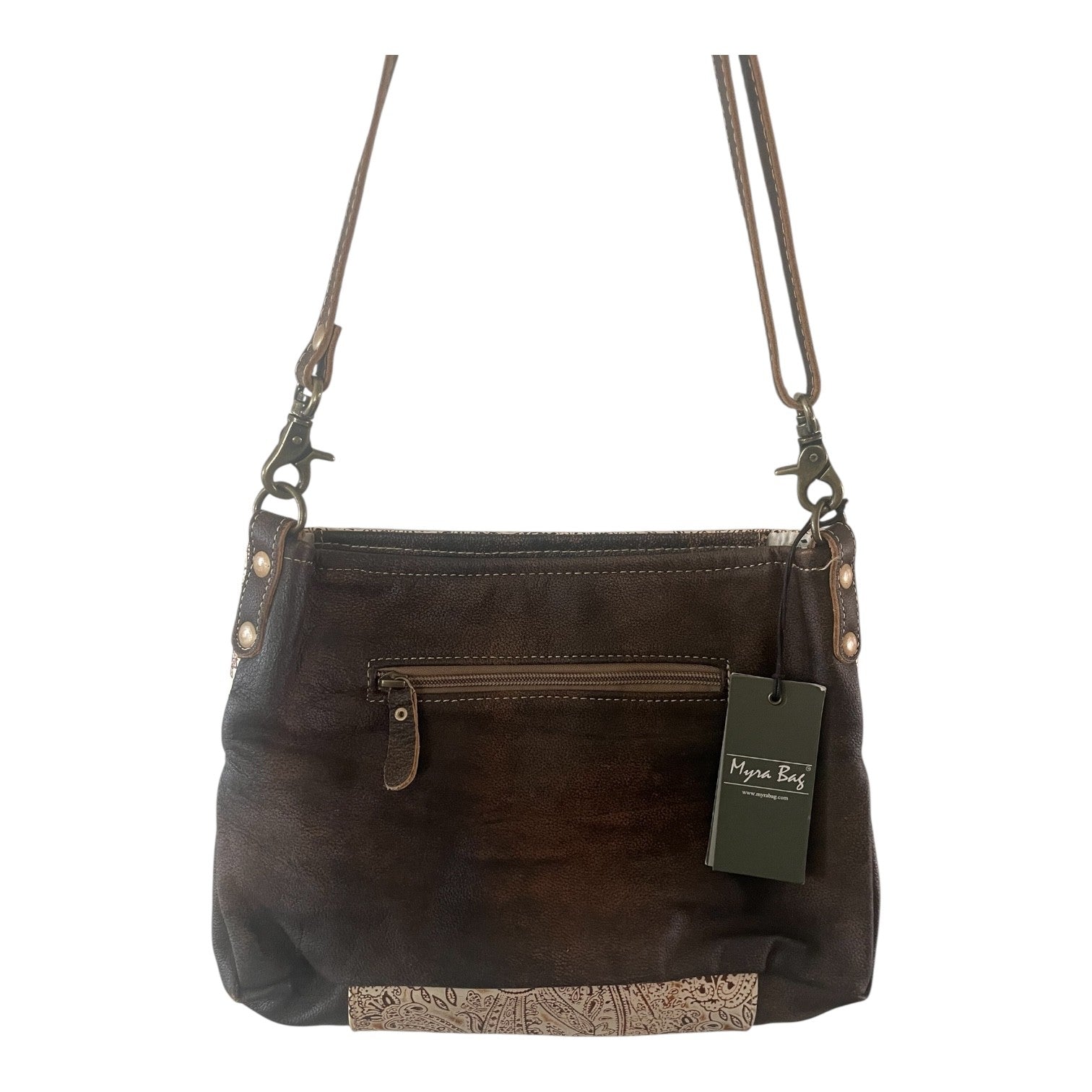 Brown leather handbag with a visible brand tag on a white background