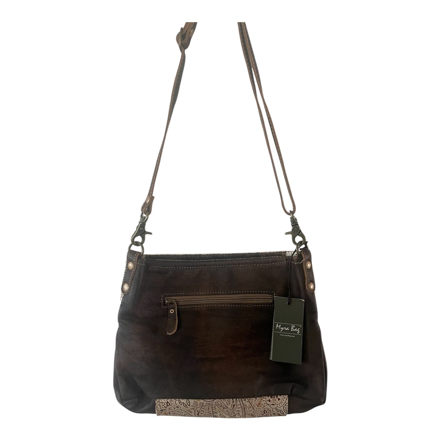 Brown leather handbag with a visible brand tag on a white background