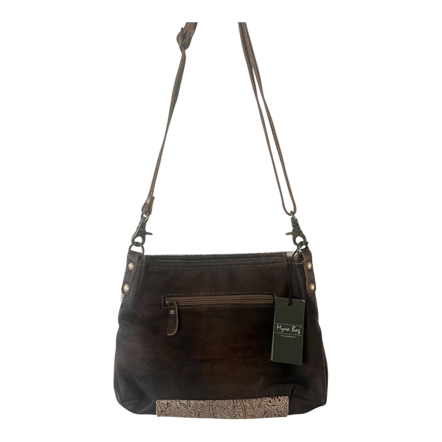 Brown leather handbag with a visible brand tag on a white background