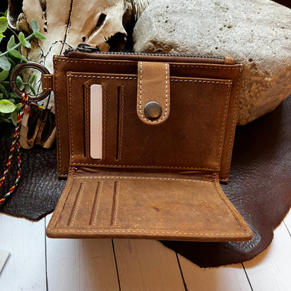 An open brown leather wallet with multiple card slots, a zipper compartment, and a snap-button closure, styled on a dark leather pad with a skull, rock, and greenery in the background.