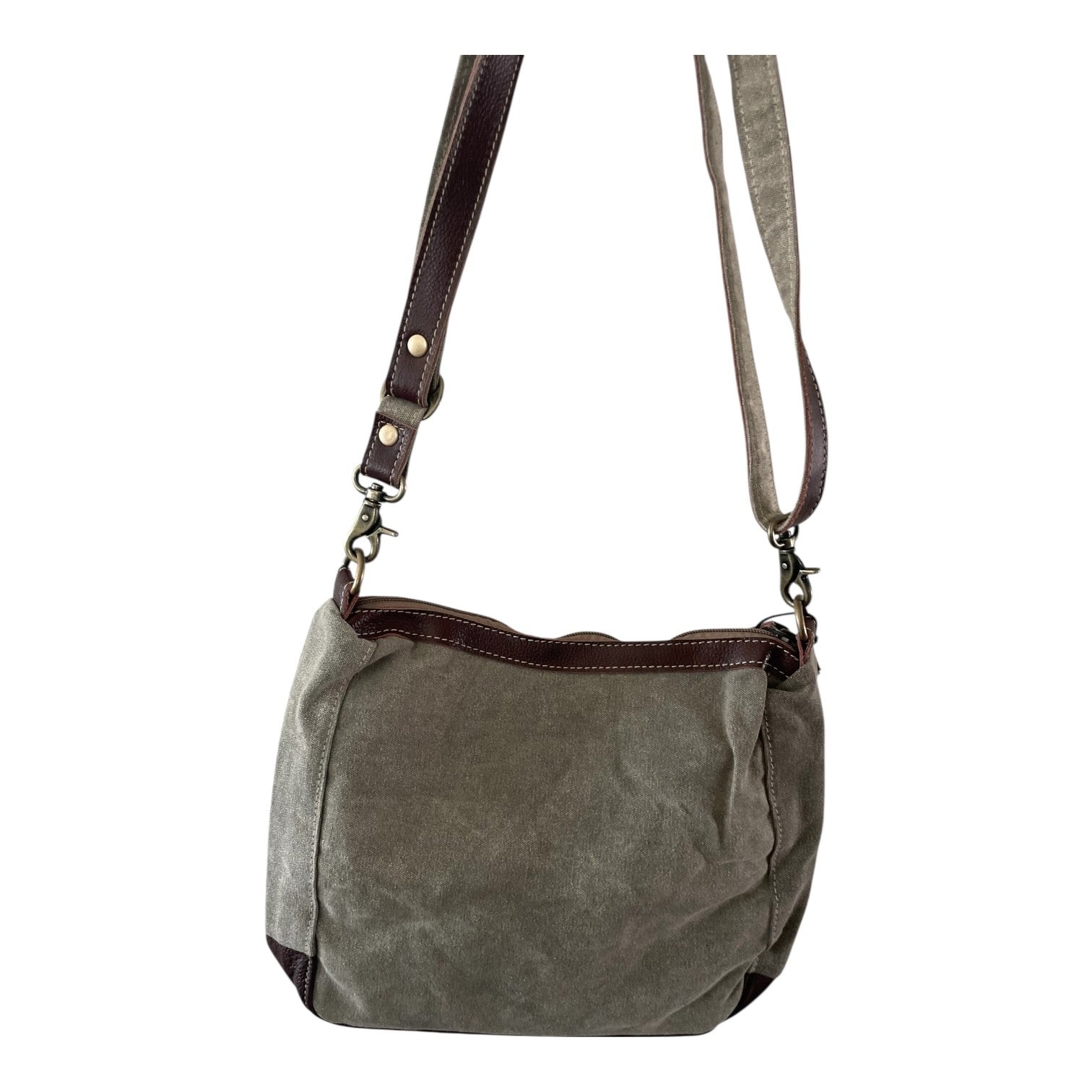 Gray shoulder bag with brown accents on a white background