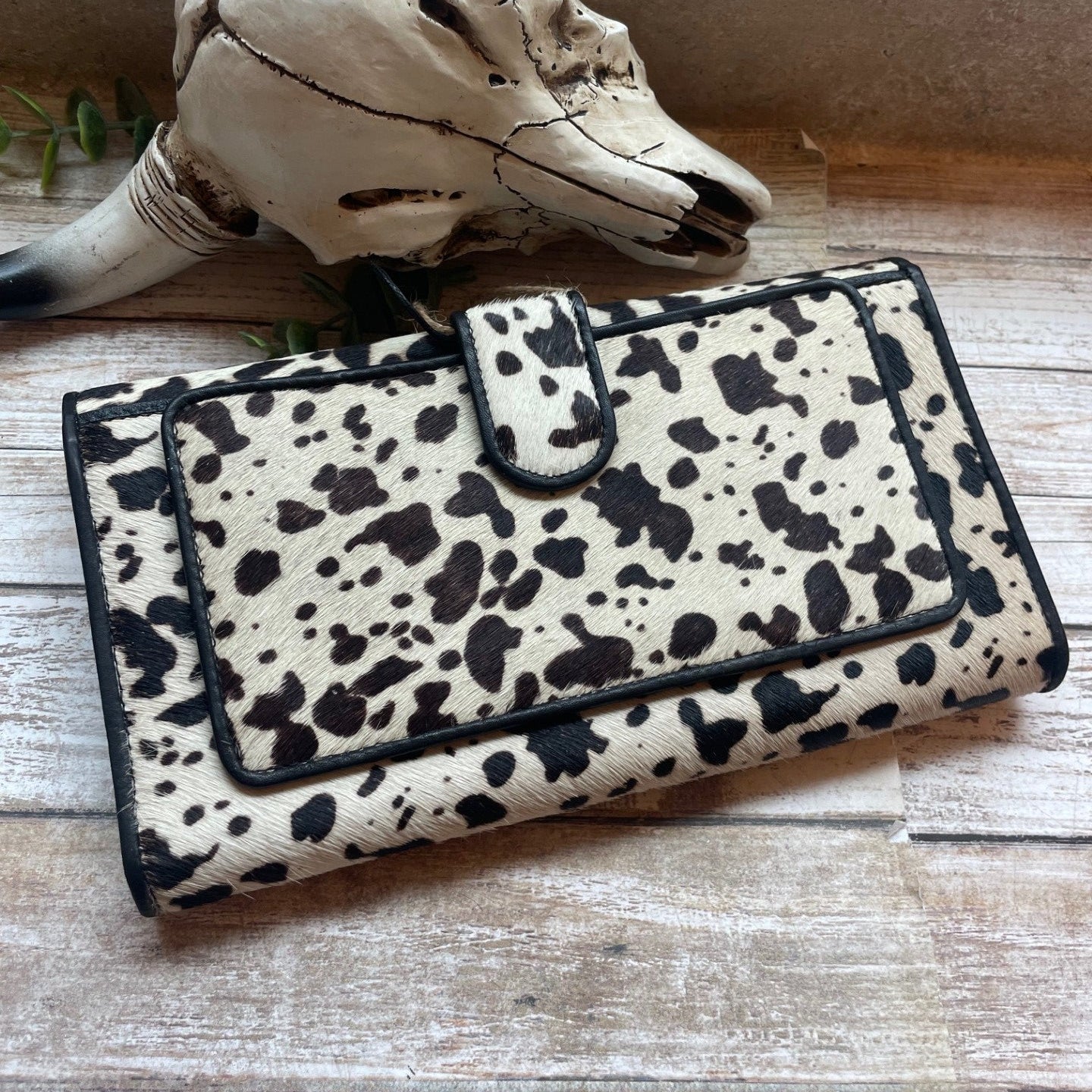 Spotted wallet on a wooden surface with a skull and plant