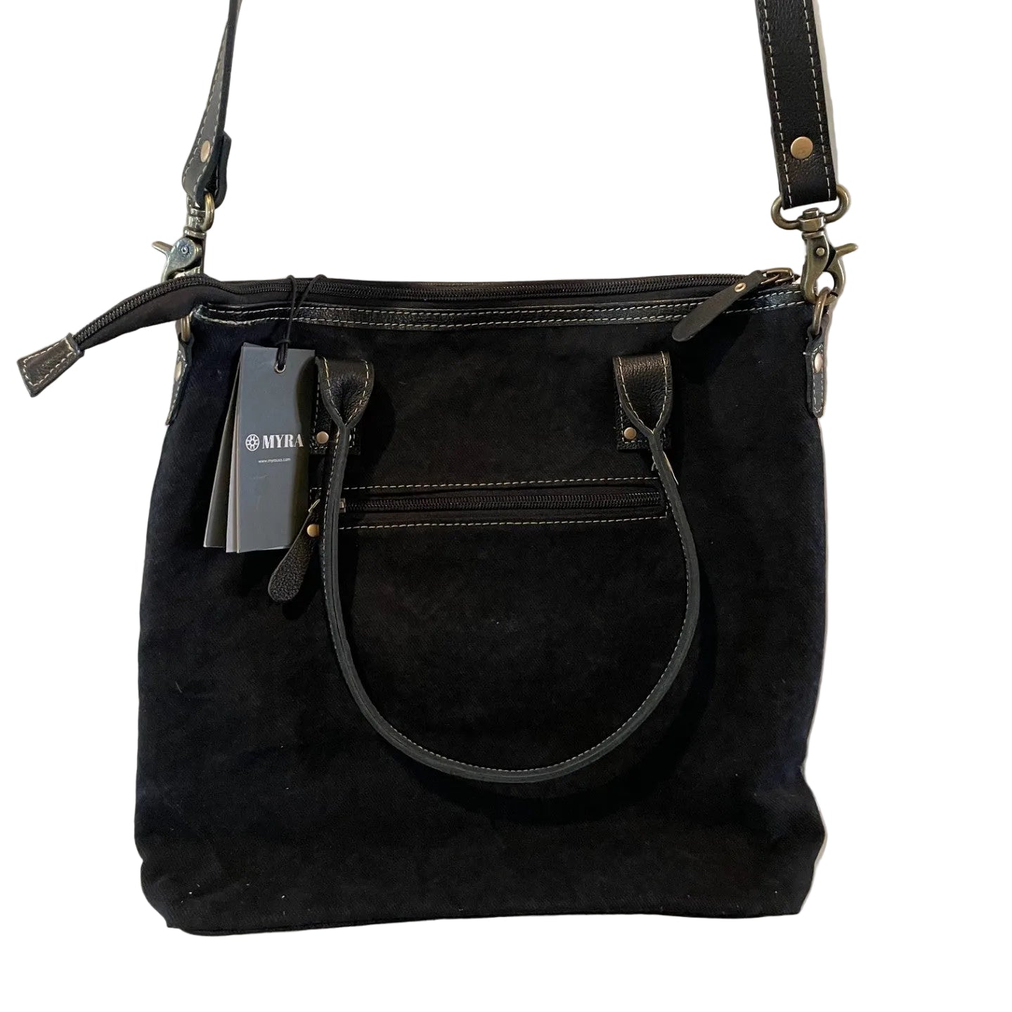 Black handbag with a strap on a white background