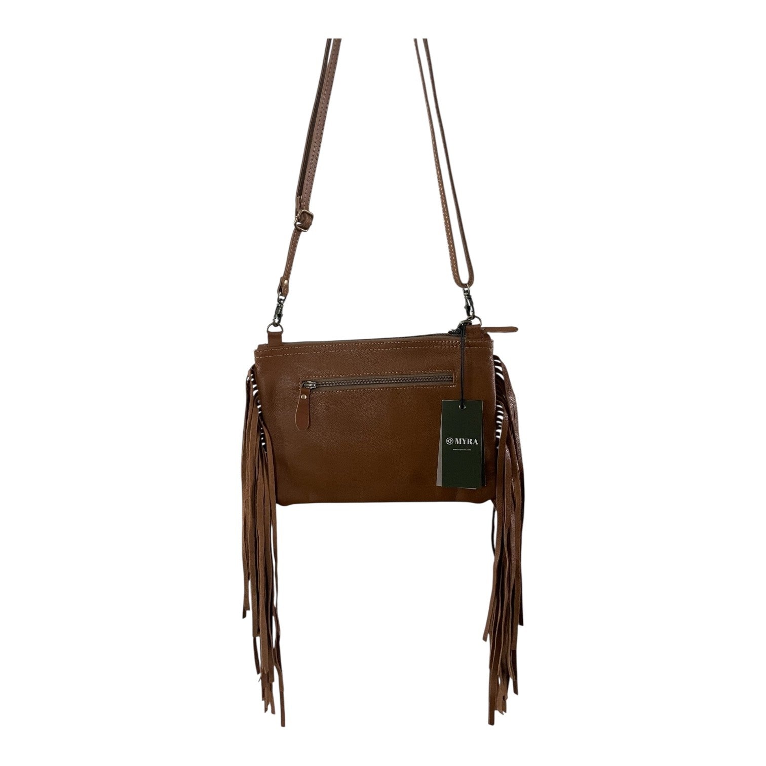 Brown leather handbag with fringe details and a visible brand tag on a white background