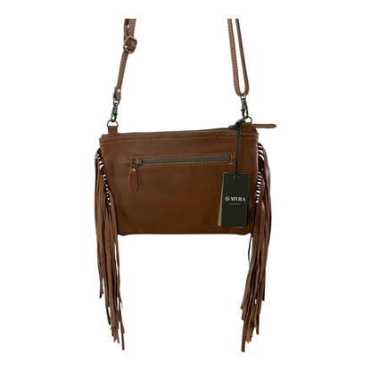 Brown leather handbag with fringe details and a visible brand tag on a white background
