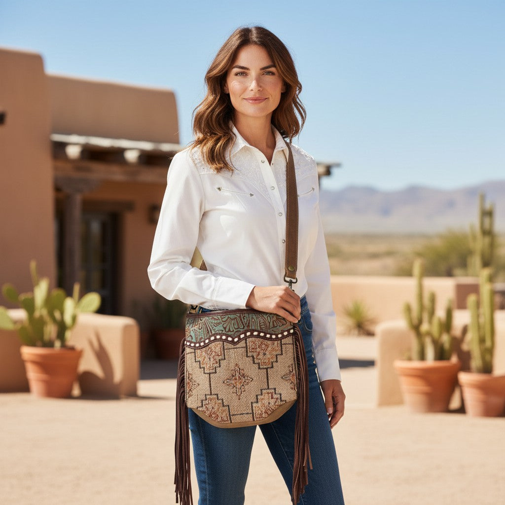Woman holding a patterned bag in a desert setting with cacti and a building.