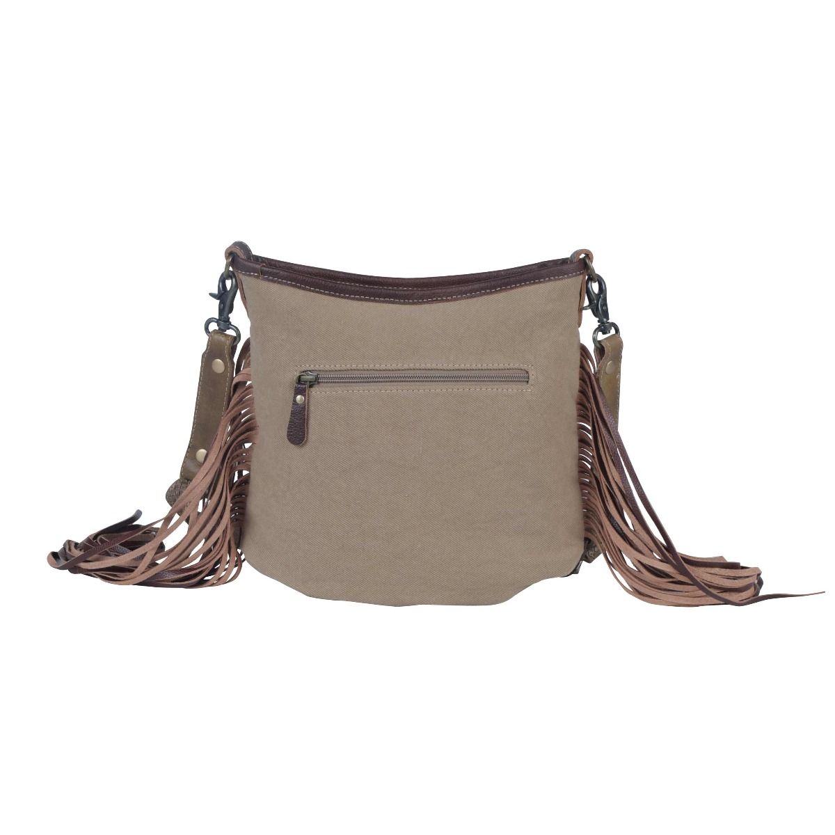 Beige handbag with brown leather fringe on a white background