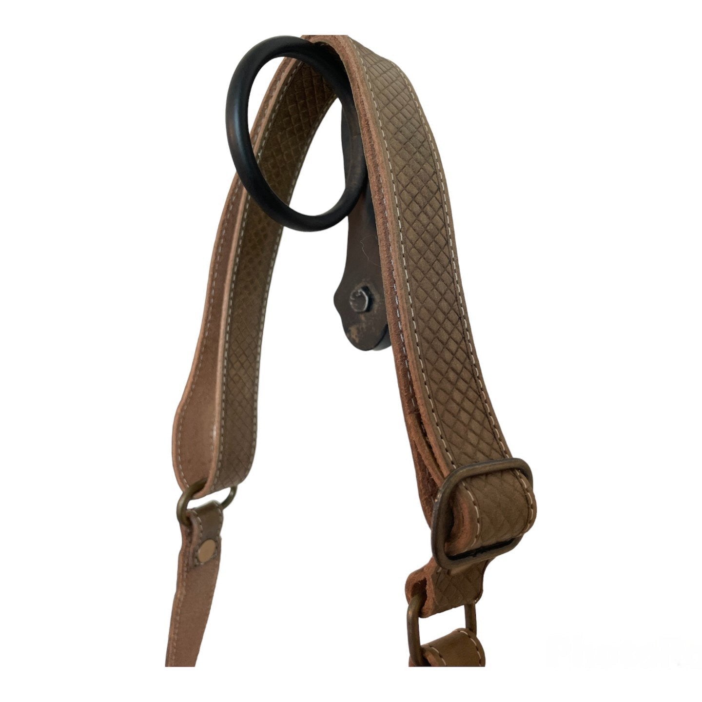 Brown leather strap with black ring on a white background