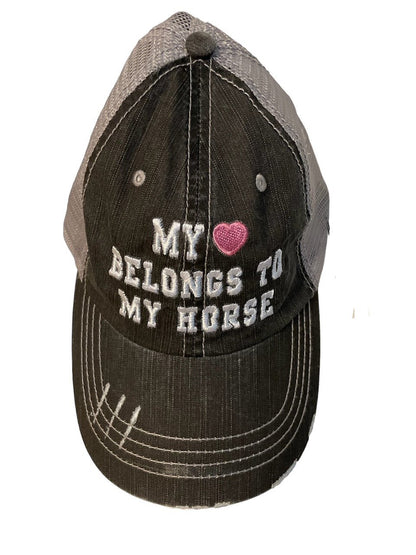 Black cap with 'My Heart Belongs to My Horse' text and pink heart on a white background