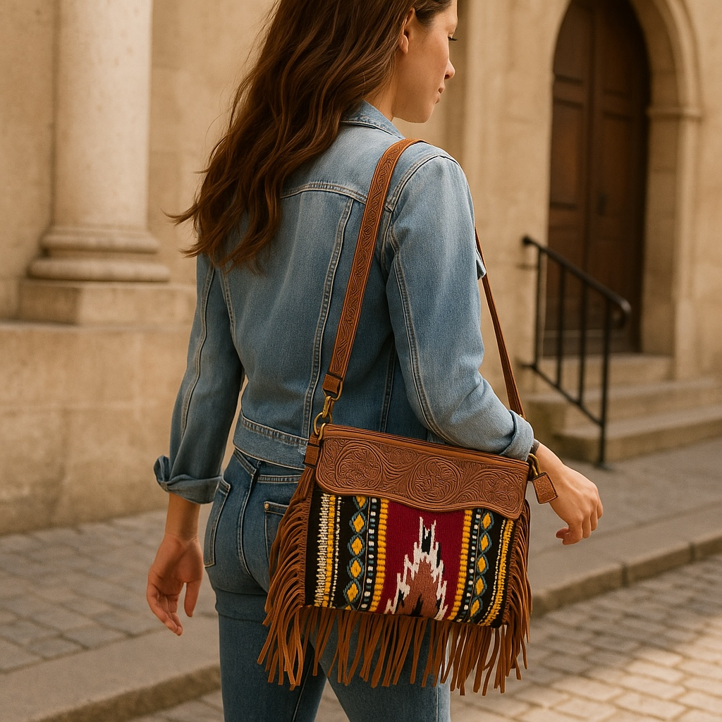 Woman carrying a patterned handbag with a building in the background