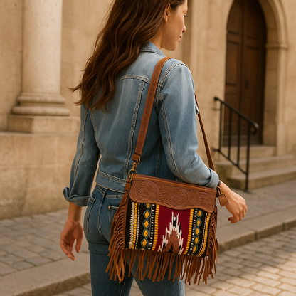 Woman carrying a patterned handbag with a building in the background