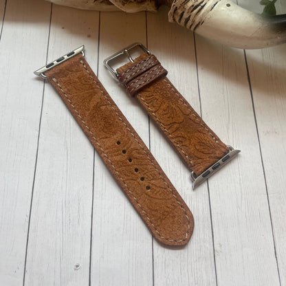 tooled brown leather watch band
