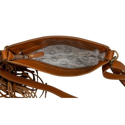 Brown leather handbag with a strap on a white background