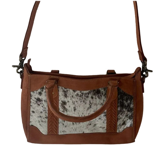caramel brown purse with cowhide and leather handles