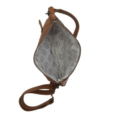 Brown leather crossbody bag with patterned interior on a white background