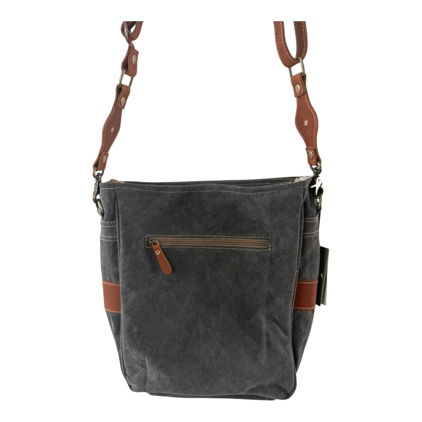 Gray shoulder bag with brown leather straps on a white background