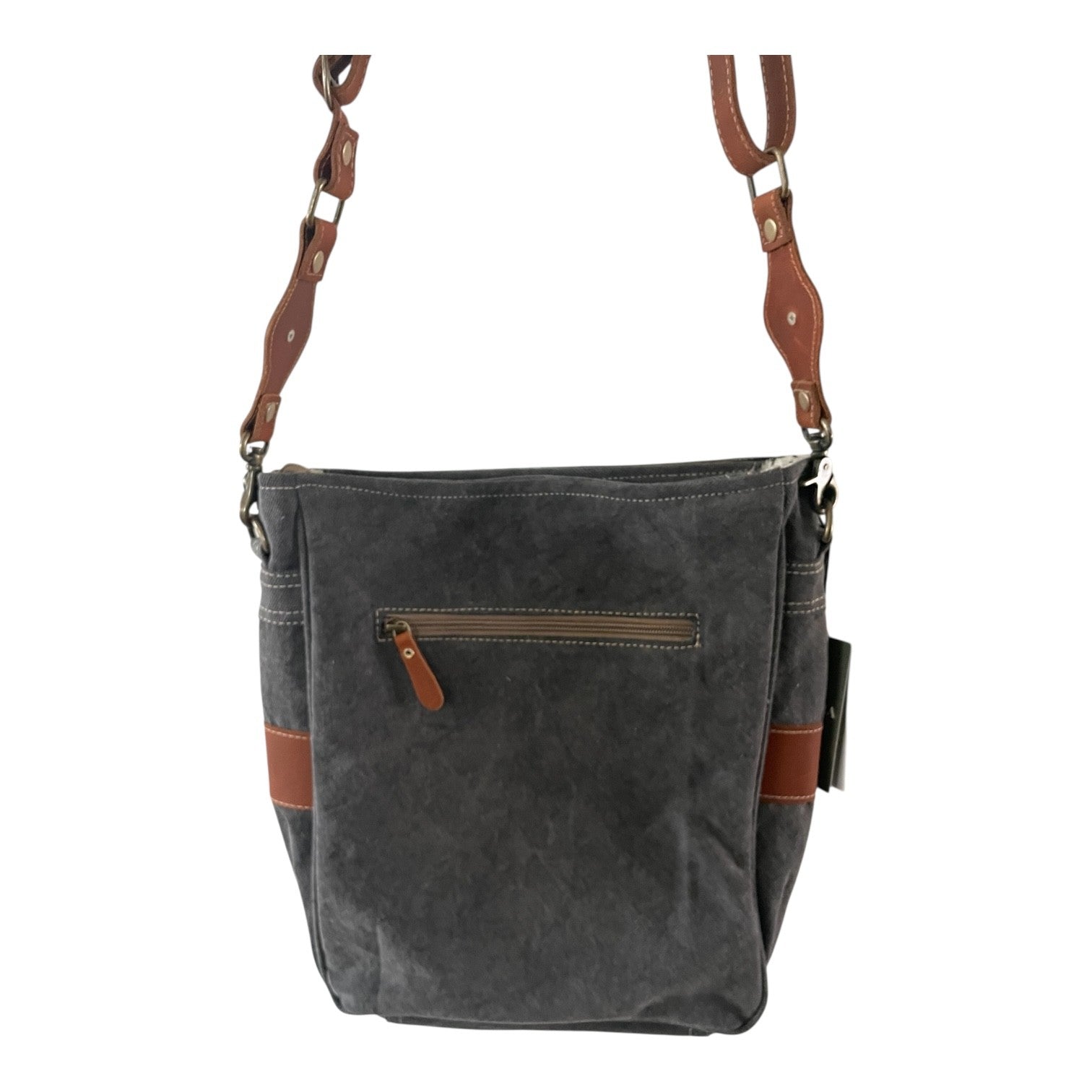 Gray shoulder bag with brown leather straps on a white background