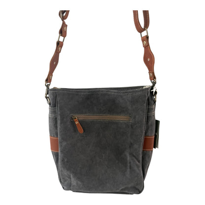 Gray shoulder bag with brown leather straps on a white background