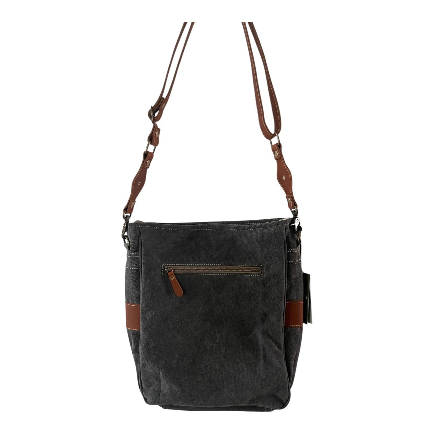 Dark gray shoulder bag with brown leather accents on a white background