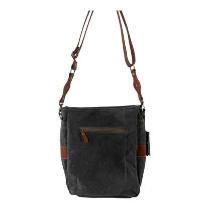 Dark gray shoulder bag with brown leather accents on a white background