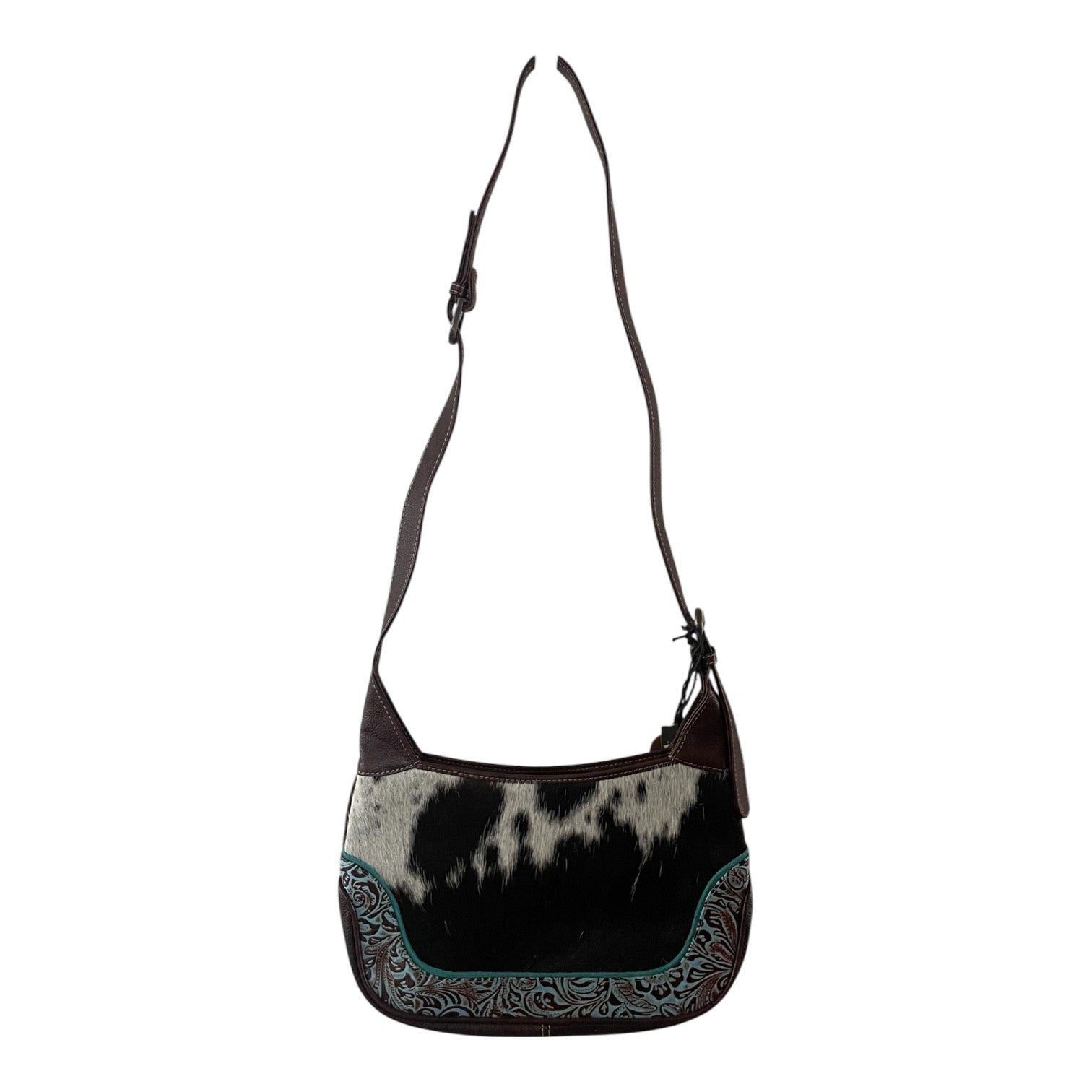 Black and white patterned shoulder bag with decorative trim on a white background