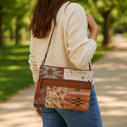 Person holding a patchwork handbag in a park