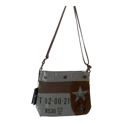 Brown and gray handbag with star design on a white background