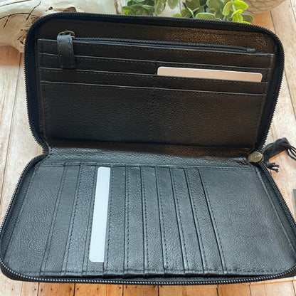 Black leather wallet with card slots on a wooden surface