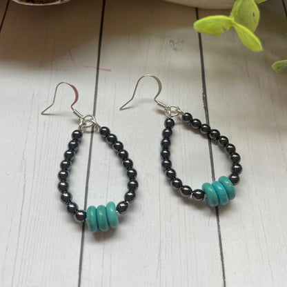 Gunmetal Colored Round and Turquoise Bead Teardrop Earrings