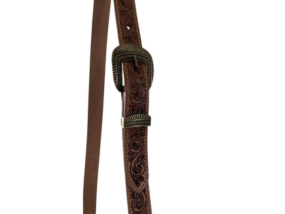 Brown leather belt with intricate embossing and a decorative buckle on a white background