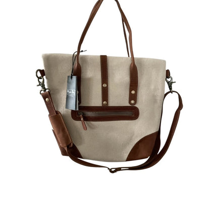 Beige tote bag with brown accents and a visible tag on a white background