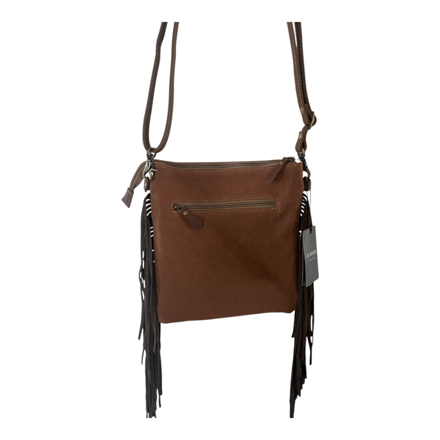 Brown leather crossbody bag with fringes on a white background