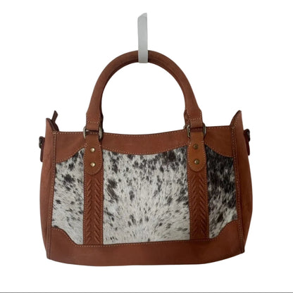 Caramel leather and black and white cowhide purse with leather handles