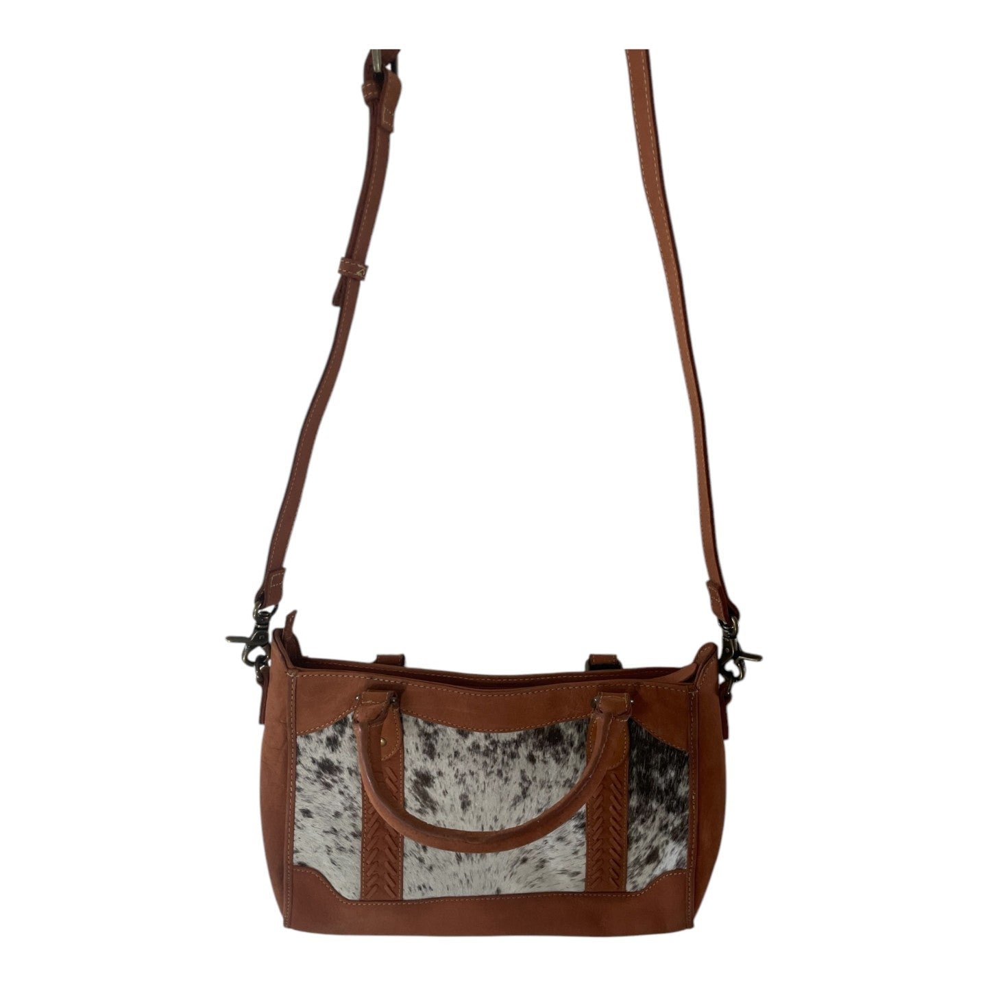 Leather and hair on hide purse with long shoulder strap