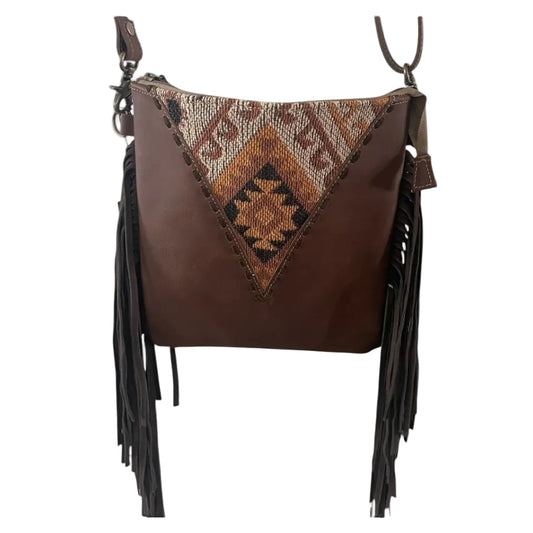 Brown leather purse with southwest print and stitch accents and fringe on the sides