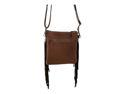 Brown leather crossbody bag with fringes on a white background