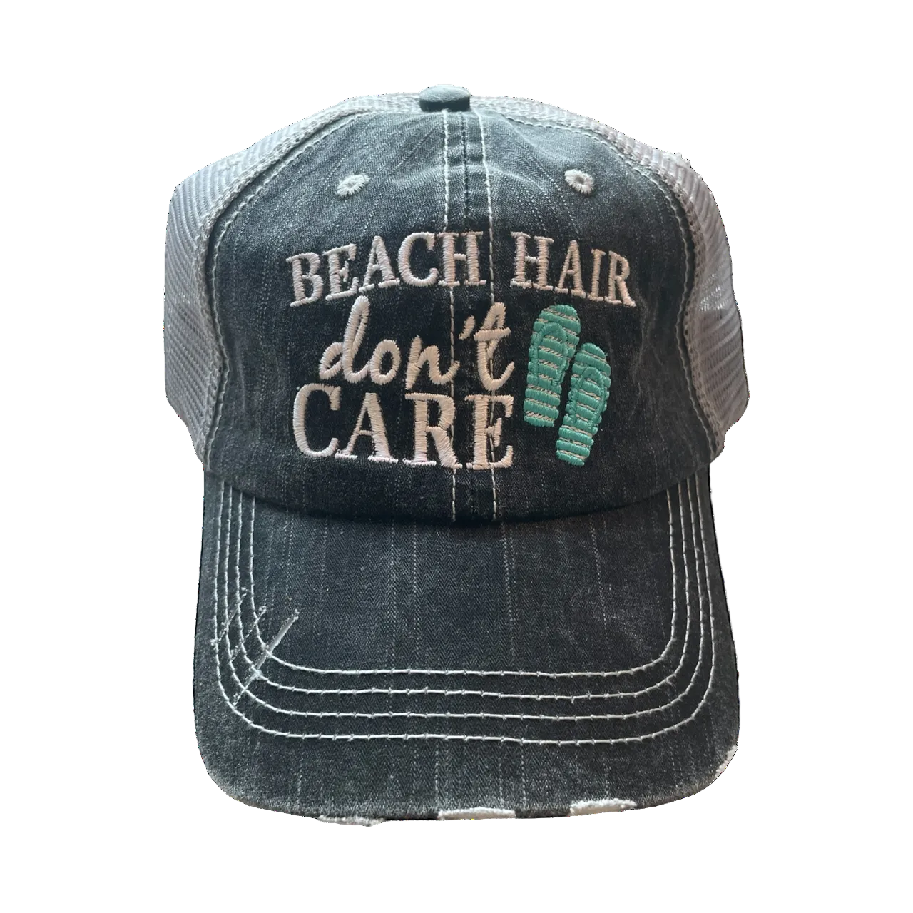 Black distressed cap with 'Beach Hair Don't Care' text and flip-flop design on a white background