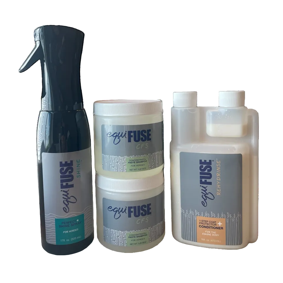 Collection of equiFuse products including a spray bottle, jar, and bottles on a white background
