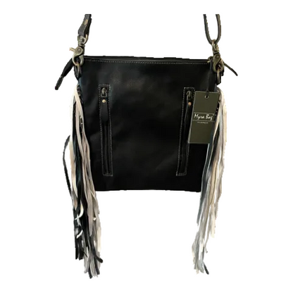 Black leather handbag with fringe details and a visible brand tag on a white background