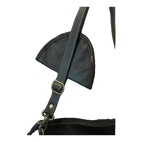 Black leather bag with a strap on a white background