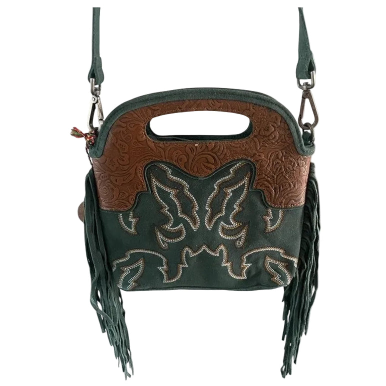 Leather handbag with butterfly design and fringes on a white background