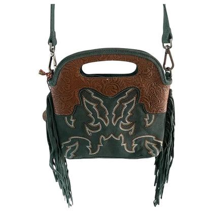 Leather handbag with butterfly design and fringes on a white background