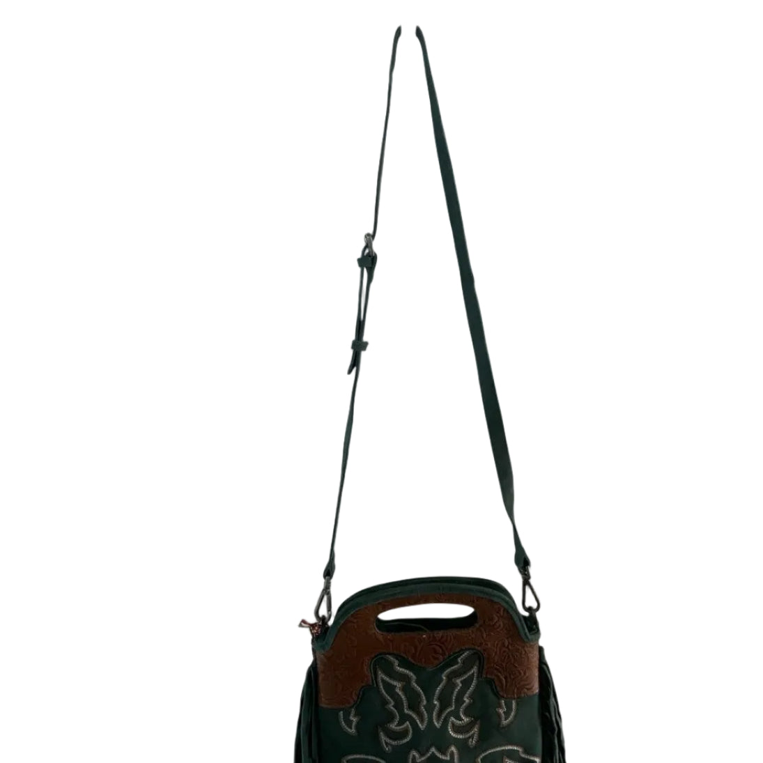 Black handbag with floral design on a white background