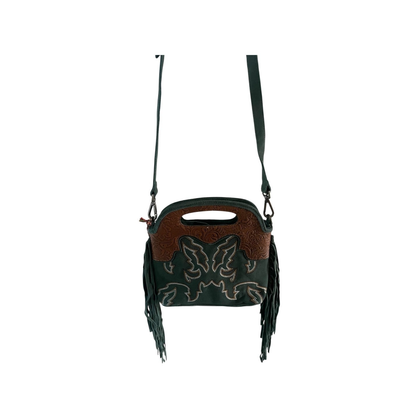 Handbag with black strap and decorative pattern on a white background