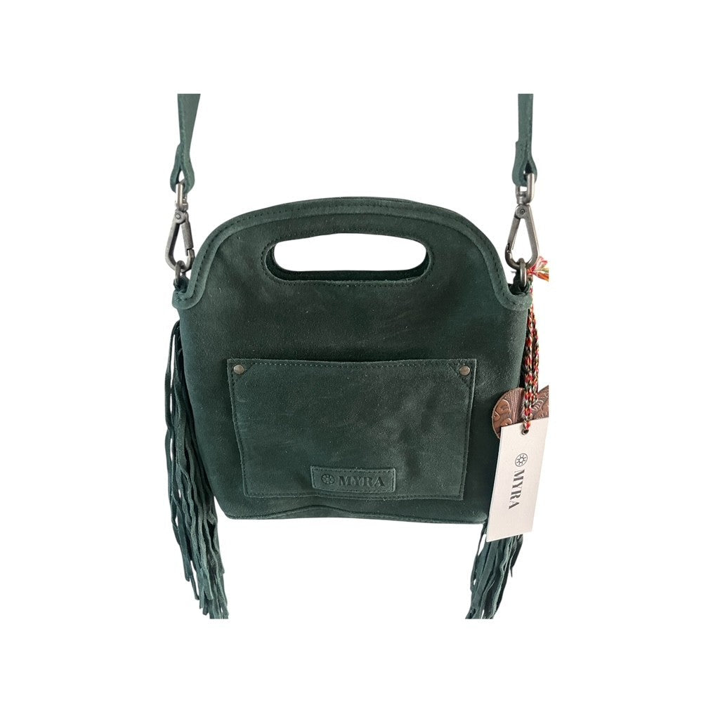 Green handbag with fringes and a visible brand tag on a white background