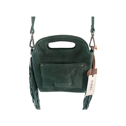Green handbag with fringes and a visible brand tag on a white background