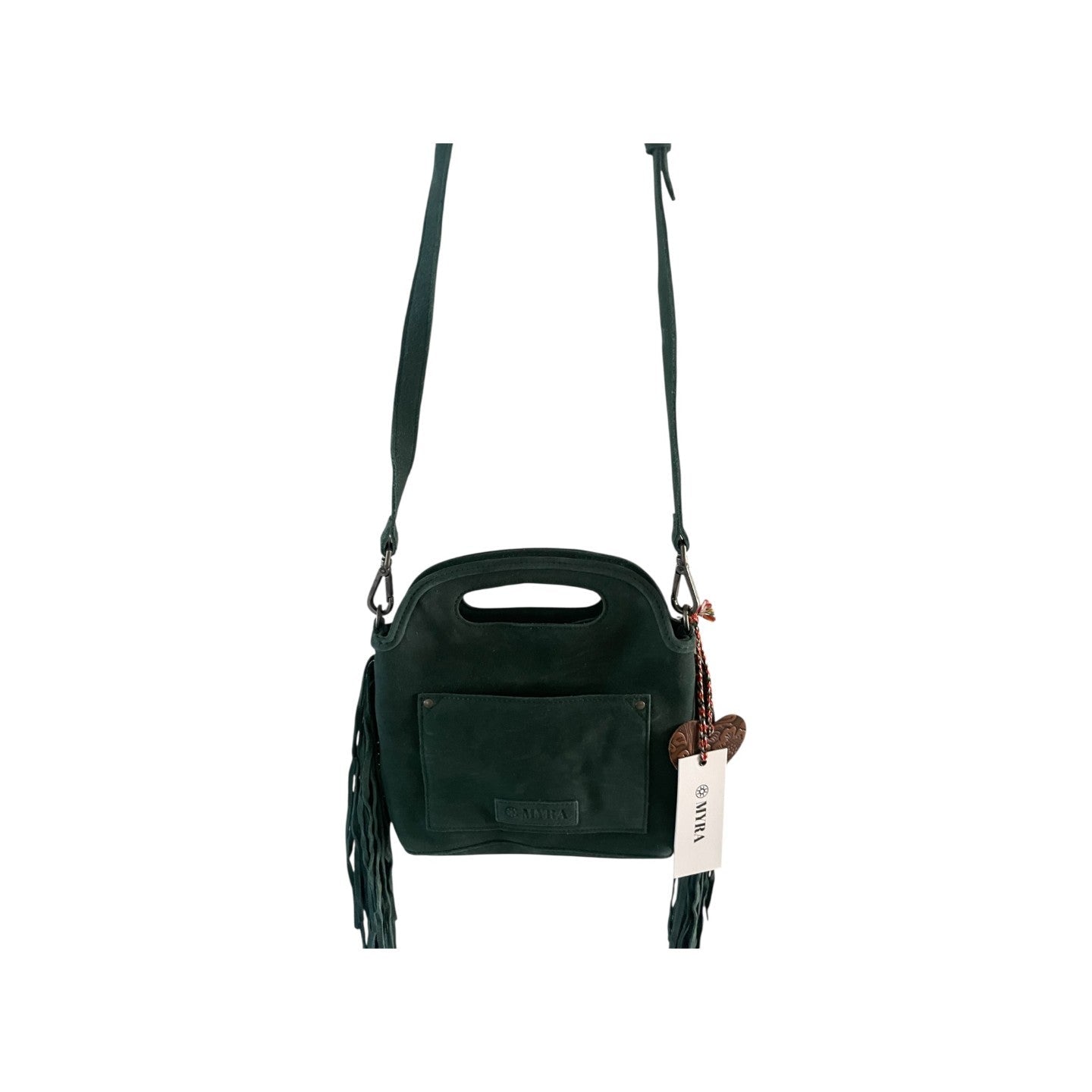 Black handbag with a strap on a white background